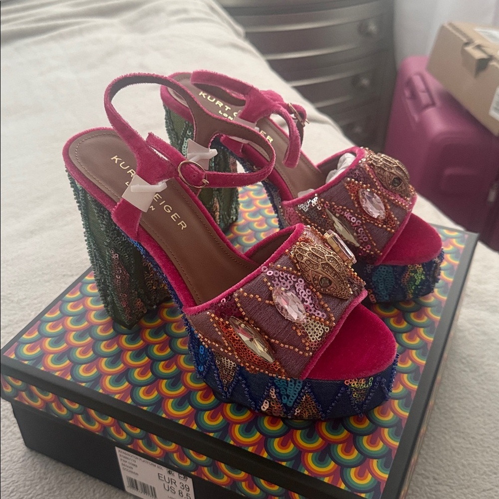Kurt Geiger Vibrant Pink and Blue Embellished Heels - Picture 3 of 5